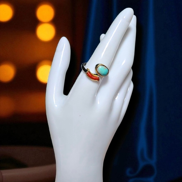 Boho Chic Adjustable Genuine Turquoise Red Coral Ring 24K Gold Sterling Silver - Picture 9 of 16